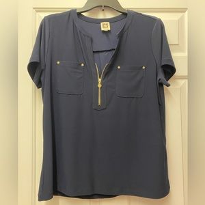 Anne Klein navy blouse with gold zipper and pocket accents, size L